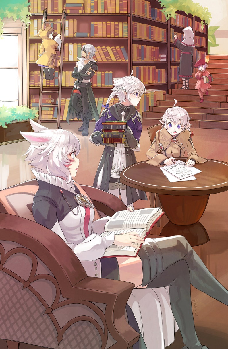 May include: An illustration of a library scene with several anime-style characters. One character is reading a book in a chair, while others are browsing bookshelves or climbing a ladder. The color palette is warm, with browns and yellows dominating the scene.