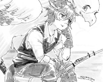 Bait: Original Ink Drawing | ffxiv fanart, final fantasy 14, chocobo, fishing, anime art, ink drawing, manga art, inktober, original drawing