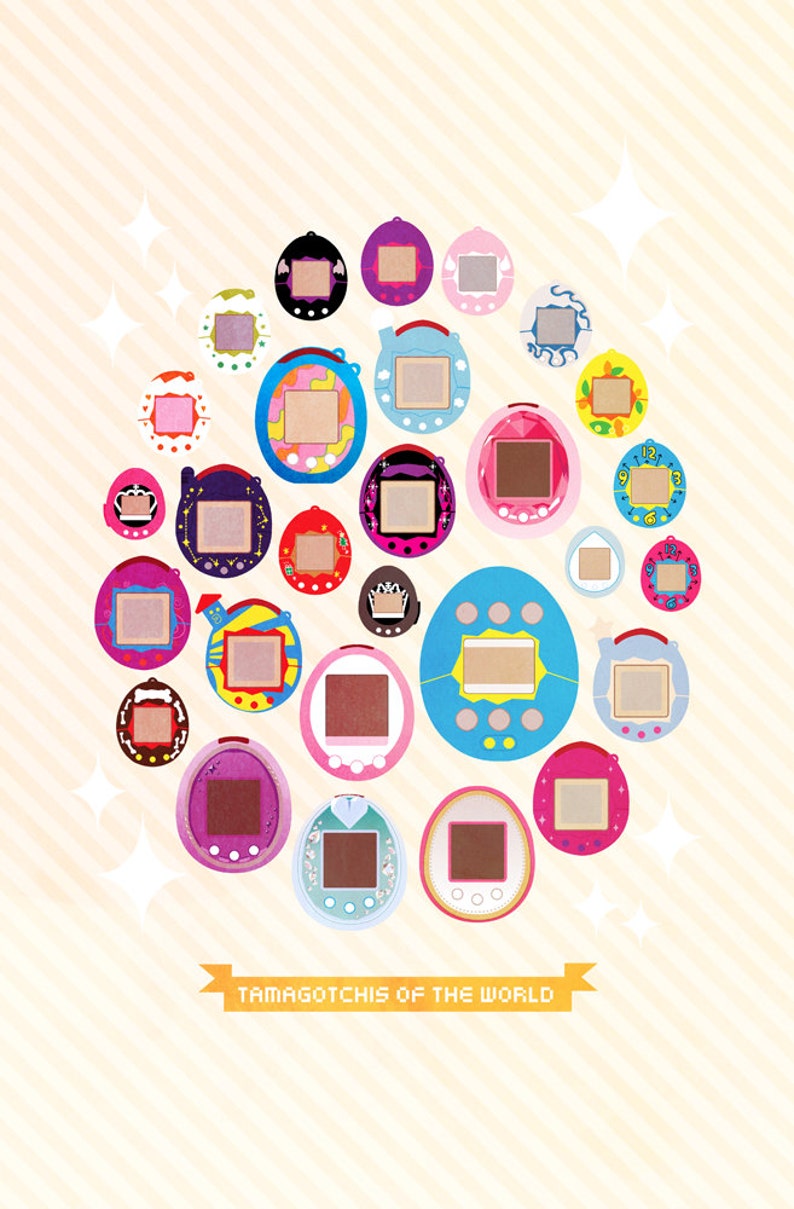 May include: A collection of various Tamagotchi digital pet devices in different colors and patterns arranged in a circular cluster. Below the devices, a yellow banner features the text TAMAGOTCHIS OF THE WORLD in a pixelated font style.