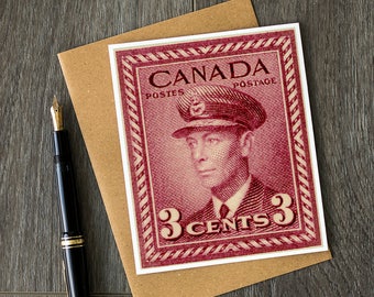 Canadian postage stamps, Canada birthday cards, Canada greeting cards, King George 6, vintage portraits, UK royal family, world war 2 art