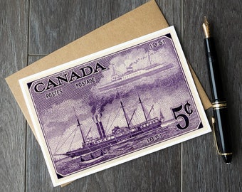 Canadian stamp cards, old steamship birthday card, sailing ship christmas cards, canadian retirement cards, unique teacher gift ideas, cards