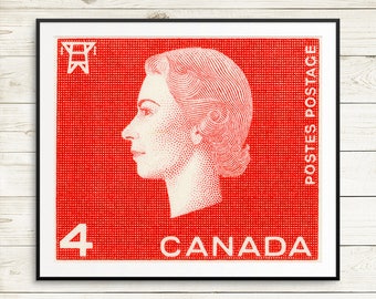 P064 Elizabeth Queen, Elizabeth, Commonwealth Stamp, Electricity, Powerlines, Red etching, large red poster, Canada Post, Canadian Postage