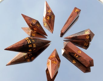 Enchanting Dark Copper Exotic Crystal DnD Dice Set with Opulent Gold Ink (7-Piece) | Handmade Dice with Unique Features! Dark Copper 01