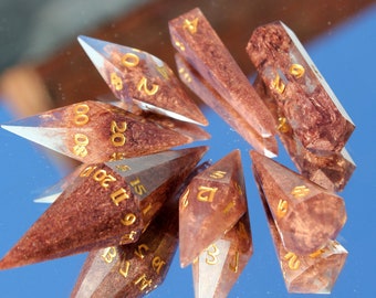 Copper & Transparent Dice With Gold Ink Crystal DnD Dice. Copper Quartz 41