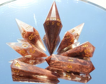 Copper & Transparent Dice With Gold Ink Crystal DnD Dice. Copper Quartz 27