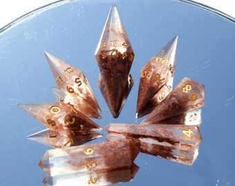 Copper & Transparent Dice With Gold Ink Crystal DnD Dice. Copper Quartz 21