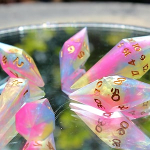 Vivid Neon Multicolor Handmade Pearlescent Crystal White Dnd Dice. Gülin 07