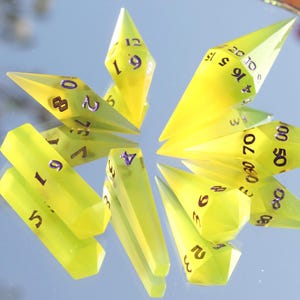 以下が含まれることがあります： 金色数字が施された、半透明の黄色の多面体サイコロのセット。 サイコロは反射面に配置され、その幾何学的な形状と数字のマーキングが強調されています。 テーブルゲーム向けです。