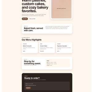 Op de afbeelding: Een bakkerij website template met een lichtbeige achtergrond. De website bevat secties voor menu-highlights, contactgegevens en een plek om een bakkerijfoto toe te voegen. Tekst bevat "Warm pastries, custom cakes, and cozy bakery favorites."