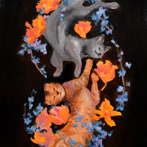 Chats de peinture à l'huile originale d'amour cosmique