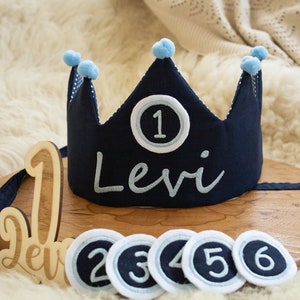 Birthday crown for child, crown 1 birthday boy, blue with name, cotton, fabric crown birthday party, numbers, dark blue