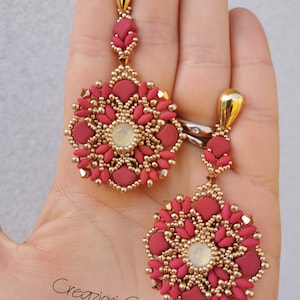 Beading, beadwork, beadwork pattern, pattern earring, file pdf, chaton 8 mm, paisley, superduo, matte velvet, bead design, Ginko,