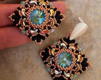 DIY ITA ENG Valentina earrings, 14 mm rivoli, zoliduo, dropduo, 4 mm bicone, rhombus, rhombus earrings