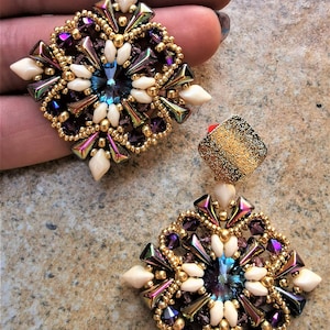 DIY ITA ENG Dalia earrings, gemduo, superduo, vexolo, rivoli 12 mm, bicone 4 mm, bicone 3mm, beadweaving, beadwork drawing, rhombus, pattern