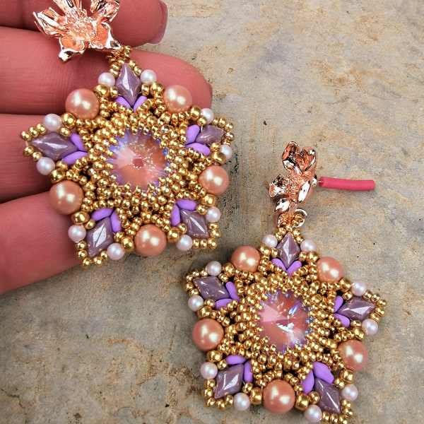 Peony earrings, bead work, bead weaving, beading instructions, peony pattern, gemduo tutorial, superduo pattern, 14mm rivoli, 6mm beads,