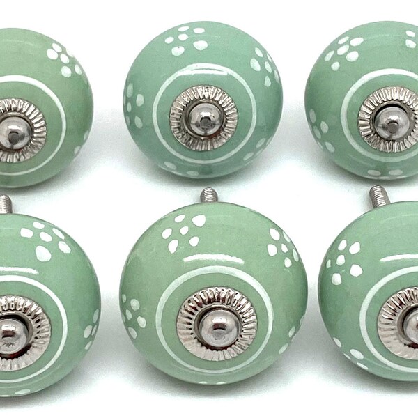 Set of 6 Ceramic Door Knobs Designed By & Exclusive to These Please - Sage Green and White Mix for Cupboard Doors and Drawers S6-6