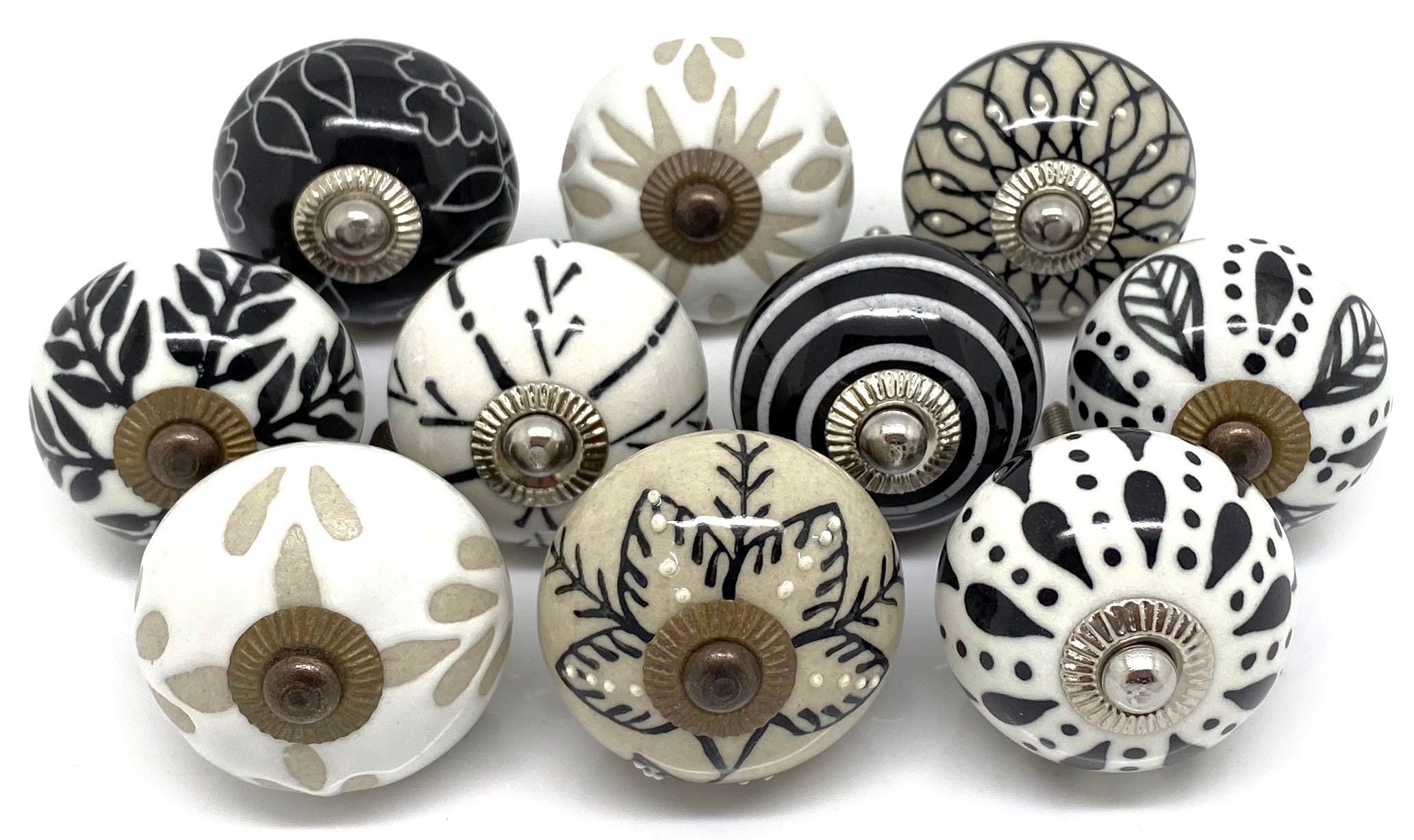 Set of 10 Vintage Color Multi Designed Ceramic Cupboard Cabinet Door Knobs