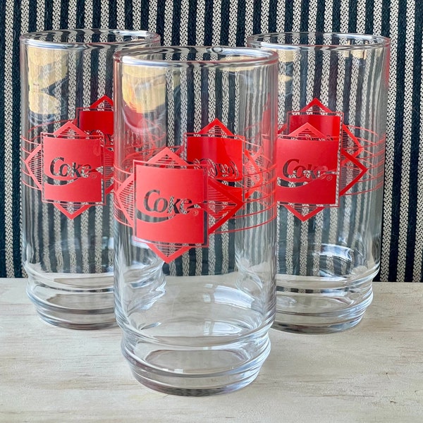 Vintage 1970 Red Diamond Coca Cola Design Tumbler 12oz. Drinking Glasses   - Set of 3