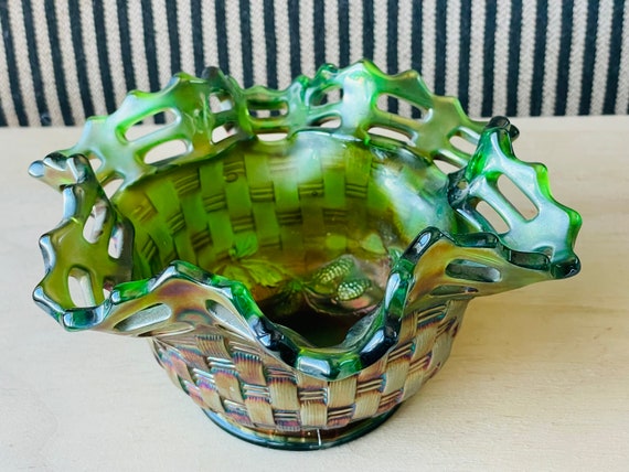 Vintage Fenton Open Lattice, shops Basket Weave, Blackberry Green Carnival Glass Dish