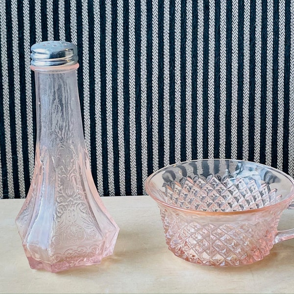 Vintage Pink Depression Glass Shaker and Set of 4 Anchor Hocking Pink Miss American (Diamond Pattern) Cups