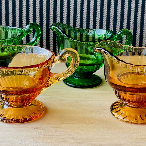 Vintage 1930s Gadroon Amber and Dark Green Depression Glass by Cambridge Cream and Sugar Sets