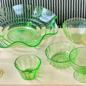 Green Uranium Vaseline Fenton, Hazel Atlas or Yellow Depression Pieces; Coffee/Teacups, Berry, Custard, Juice, Nut or 3-Toed Crimped Bowls
