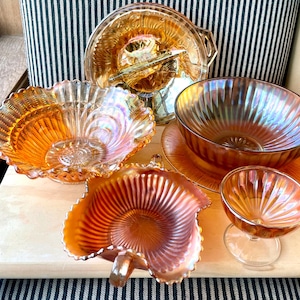 Vintage Orange Iridescent Carnival Glass Dish: Fenton, Indiana, Jeanette, Imperial