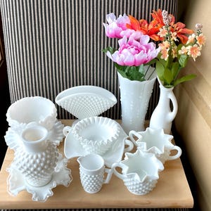 Milk Glass: Fenton Hobnail Creamers, Sugar, Vases, Candy Dishes and Underplates - Vintage Depression
