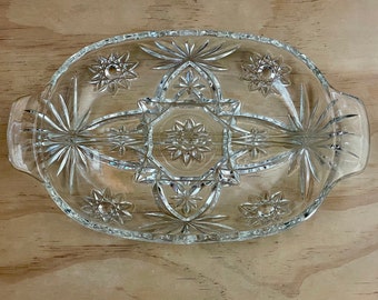 Vintage 1960 Anchor Hocking Star of David Pattern Glass 10" Oval Divided Relish Tray/Serving Dish