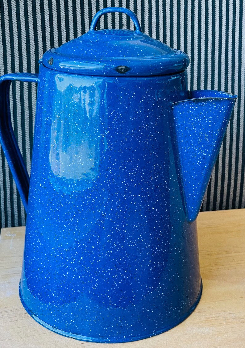 Vintage Blue Graniteware enamelware Percolator Coffee Pot Stovetop