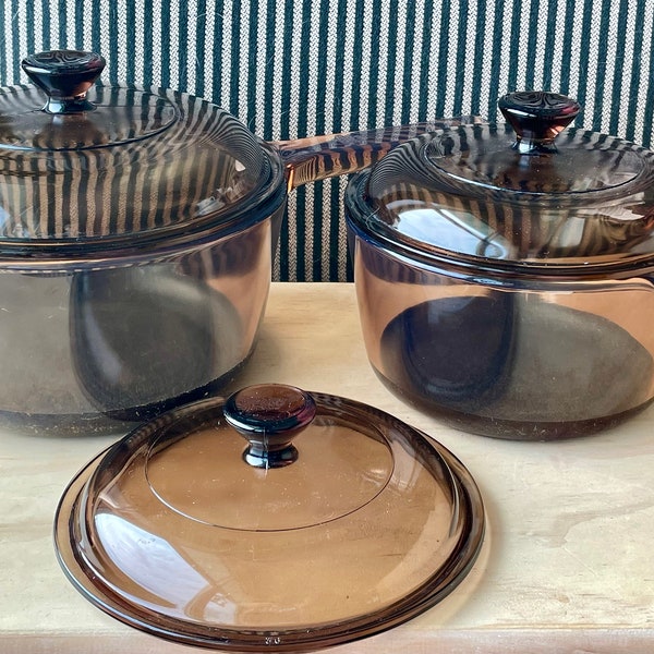 Vintage 1970 Corning Vision Ware Amber Glass Saucepans with TEFLON and Handle; 1.5L with V-1.5-C Lid or 1L with Two V-1-C Lids