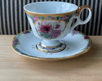 Vintage Japan Hand Painted Teacup and Saucer with Gold