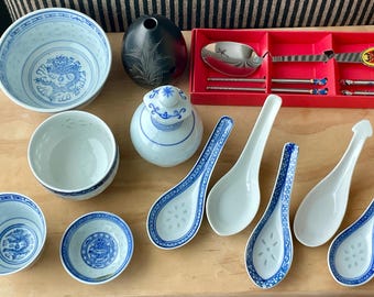 Vintage Jingdezhen Rice Dragon & Plain Porcelain: Bowls, Cups, Spoons
