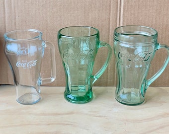 Vintage Indiana Green Coca Cola Mugs - 16 oz Handled Glasses - Set of 2