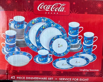 Vintage Coca Cola Snowman Stoneware Dinnerware Set - 42 Piece Service for 8