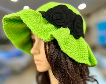 Crochet Cotton Summer Bucket Hat, Green Sun Hat, Floral Patch
