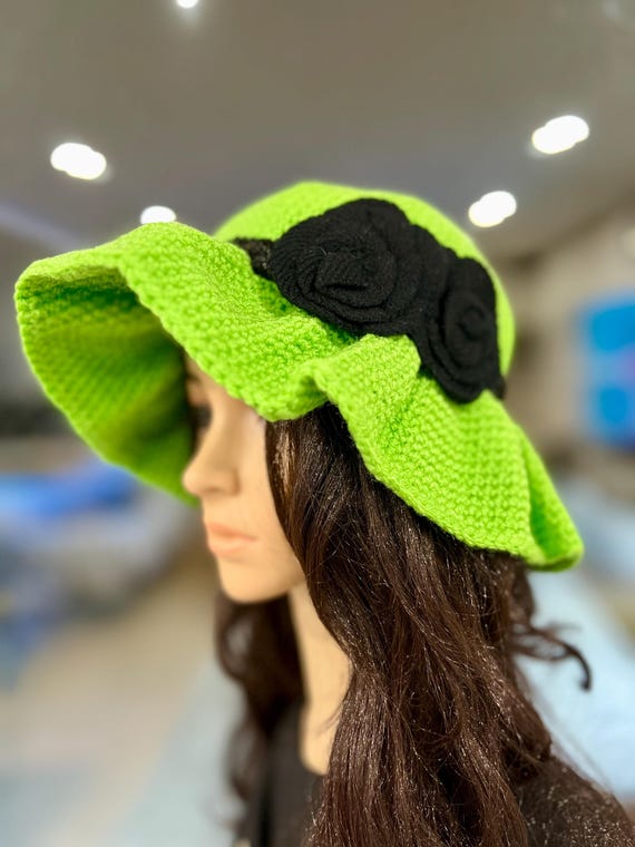 NEW Handmade Spring Sun Hat, Green Lime Green Handmade Crotchet Bucket Hat for Girl. Women  main image 2