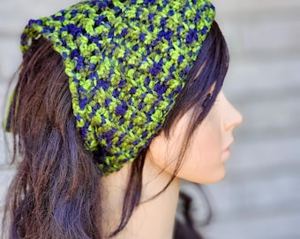 Crochet Triangle Bandana with Tassel: Boho Green Hair Kerchief