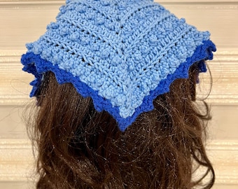 Crochet Bandana Headband: Boho Hair Kerchief - Blue Head Scarf