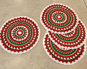 Christmas Crochet Doilies, Red Green White, Holiday Table Decor