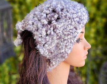 Crochet Bandana Headband with Neck Warmer, White Gray Boho Hair Kerchief