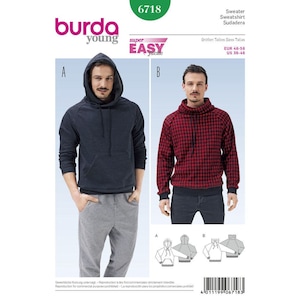 May include: A sewing pattern for a hooded sweatshirt. The pattern features two different styles: a solid navy blue hoodie and a red and black plaid hoodie. The pattern includes sizing information in US sizes 36-46.