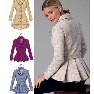 May include: A sewing pattern for a women's jacket with a peplum. The pattern includes four different views: a beige jacket, a pink jacket, a purple jacket, and a blue jacket. The pattern number is M7513.