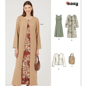 May include: A sewing pattern for a long cardigan, a sleeveless dress, a long-sleeved dress, a jacket, and a tote bag. The pattern is called "Newlook" and the number is "N6785 easy".