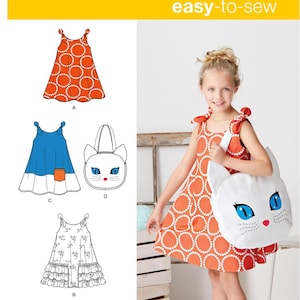 Sewing Pattern for Childs Dress, Simplicity Pattern S8102, Little Girls SunDress and Kitty Tote Bag, Girls 3 to 8, Summer Dress