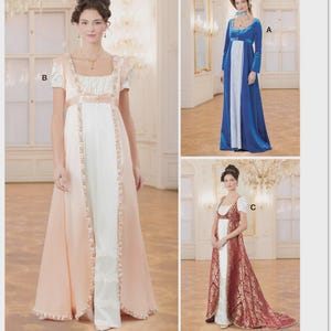 May include: McCall's Costumes M8648 sewing pattern envelope featuring three variations of empire-waist gowns. View B is peach, View A is blue with a bonnet, and View C is a patterned red fabric. Each gown has a square neckline and white underskirt.