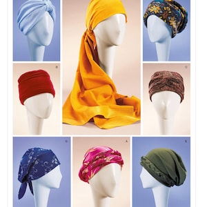May include: Simplicity pattern S9300 featuring various head wraps in different colors and styles. The image shows a blue turban, a yellow head wrap, a patterned beanie, a red cap, a brown head wrap, a blue head wrap, a pink head wrap, and a green cap.