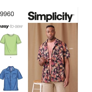 May include: Simplicity sewing pattern S9960 featuring illustrations of a green t-shirt, denim shirt, and striped shorts. The pattern includes the text "easy-to-sew" and is designed and printed in the USA. A person is wearing a floral shirt and khaki shorts.