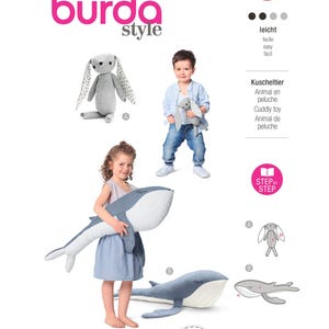 May include: A Burda Style pattern cover featuring a gray stuffed bunny and a blue and white whale plush toy. The cover also shows a young boy holding a bunny plush and a girl holding a whale plush. The number 6044 is visible.