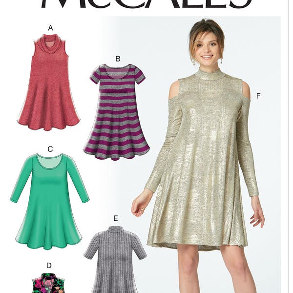 Sewing Pattern for Womens Knit Swing Dresses w/ Neckline & Sleeve Variations, McCall's Pattern M7622, New Pattern, Very Easy Sew Pattern